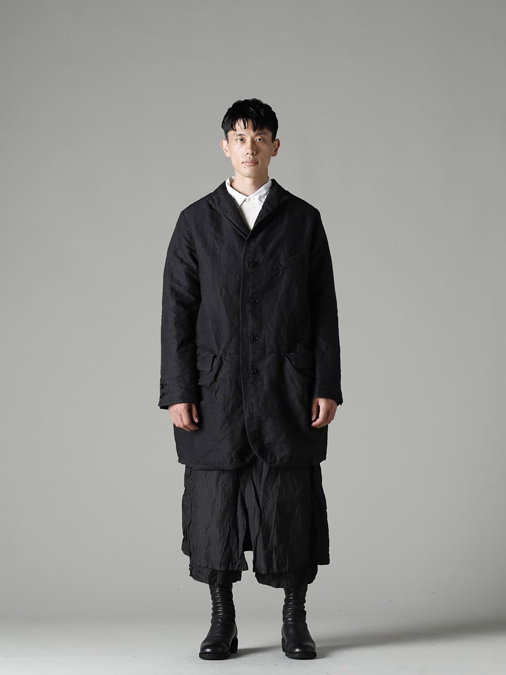 GARMENT REPRODUCTION OF WORKERS(ガーメント リプロダクション オブ ワーカース) 22-23AW(秋冬)  Aラインのゆったりしたコクーンシルエット  古来から使用されていた天然素材『和紙』 - Arthur-Coat-Washi-Black アーサー コート 和紙 ブラック - 22C-69PO-TRANSIT-Natural テク コンバージョン リラックス フィット 7G ニット ナチュラル - SH-035 シャツ トーマス メイソン - New-Wrap-Pants-Gray-Stripe ニュー ラップ パンツ グレー ストライプ - 788Z_H バックジップブーツ ダブルソール - ホース フルグレイン レザー