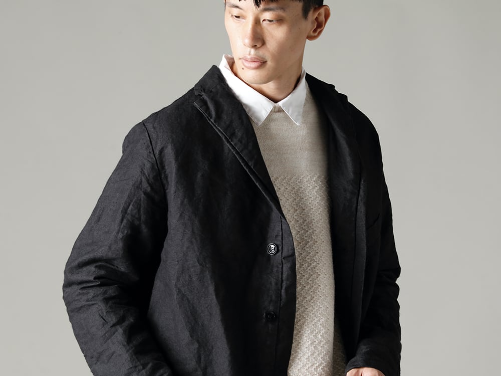 GARMENT REPRODUCTION OF WORKERS(ガーメント リプロダクション オブ ワーカース) 22-23AW(秋冬) モノトーンのカラー構成ならデザインアイテムどうしでもバランスが整う - Arthur-Coat-Washi-Black アーサー コート 和紙 ブラック - 22C-69PO-TRANSIT-Natural テク コンバージョン リラックス フィット 7G ニット ナチュラル - SH-035 シャツ トーマス メイソン 3-001