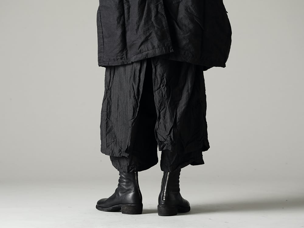 GARMENT REPRODUCTION OF WORKERS(ガーメント リプロダクション オブ ワーカース) 22-23AW(秋冬) モノトーンのカラー構成ならデザインアイテムどうしでもバランスが整う - New-Wrap-Pants-Gray-Stripe ニュー ラップ パンツ グレー ストライプ - 788Z_H バックジップブーツ ダブルソール - ホース フルグレイン レザー 3-004