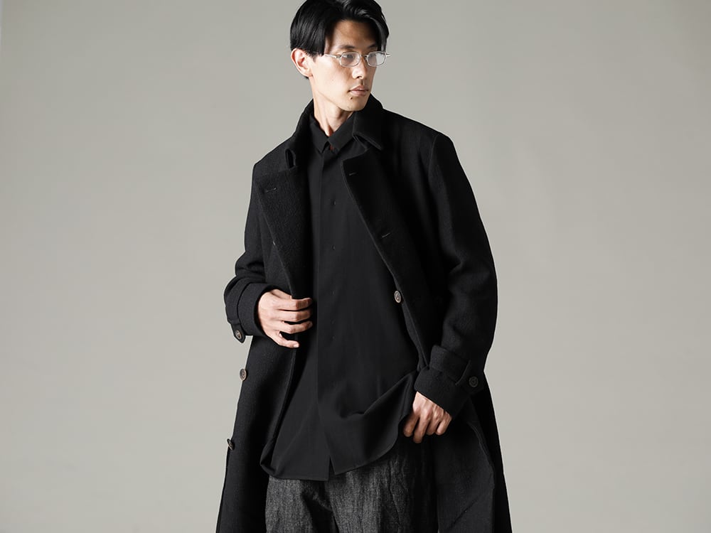 forme d'expression(フォルメ デ エクスプレッション) 22-23AW(秋冬) コーディネートは決め過ぎないサイジングバランス - HC012-MDRB ウオーデン コート HS007-FGGB リラックス アウター シャツ RG0083AG テクスチャード / クリア  3-002