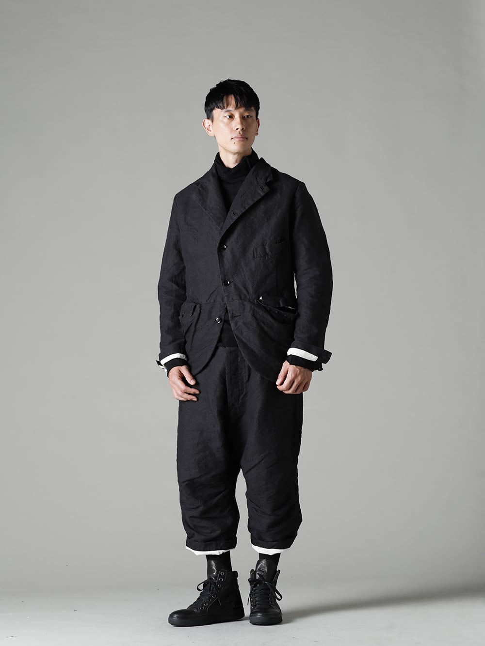 GARMENT REPRODUCTION OF WORKERS(ガーメント リプロダクション オブ ワーカース) 22-23(秋冬)  ゴッホの名画からインスパイア - Vincent-Jacket-Washi-Black ビンセント ジャケット 和紙 ブラック - TTC-swcm-blk コットンボトルネック ブラック - Arthur-Pants-Washi-Black アーサー パンツ 和紙 ブラック - M25S03-MOLDY-BLACK レザー スニーカー モルディ ブラック 1-003