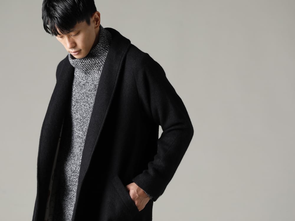 DEVOA 22-23AW styling An orthodox, beautiful, classic style - CTI-SSG Shawl collar coat brushed cashgora KTS-PCM-Melange-Black High neck knit cashmere Melange Black PTN-SHK Skater pants Shetland wool / linen FW-CTN Leather Shoes GUIDI Calf  1-004