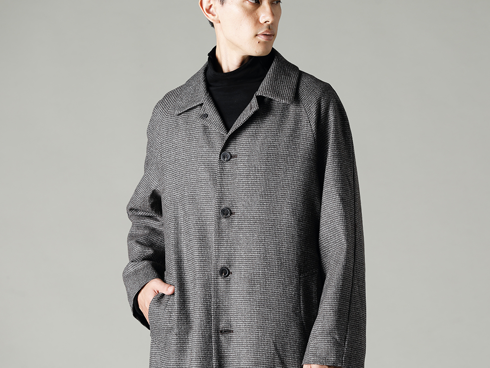 NOUSAN 22-23AW Soutien collar coats can be worn open at the front for an easy look  - fred-c Houndstooth Lagran Long Coat - TTC-swcm-blk Cotton Bottleneck Black 2-005