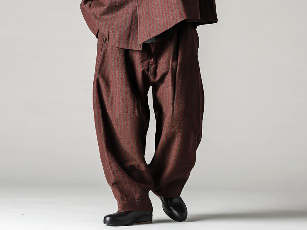 ZIGGY CHEN-ジギーチェン 22-23AW(秋冬) 秋のシャツ、ニットスタイルのアクセントにもなるワイドレッグパンツ - 0M2230531-フロントプリーツ ドロップクロッチトラウザーズ- Handsewn-Slipper-ハンドソーン スリッパ 4-003