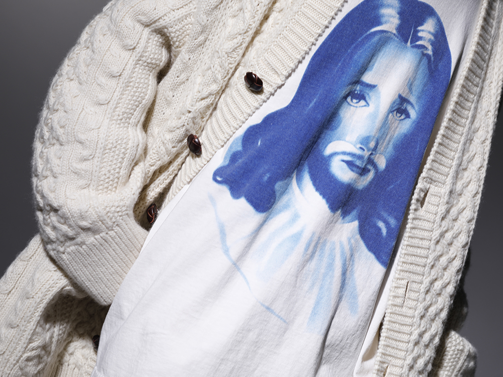 TAKAHIROMIYASHITATheSoloist. / SAINT M×××××× 2022-23AW - Pieces that incorporate each brand's unique style. - sk.0001AW22-White(double zip balloon shaped aran pattern cardigan White) SM-A22-0000-069(BORN X RAISED × ©SAINT M×××××× CLOWN Long sleeve T-shirt White) - 2-006