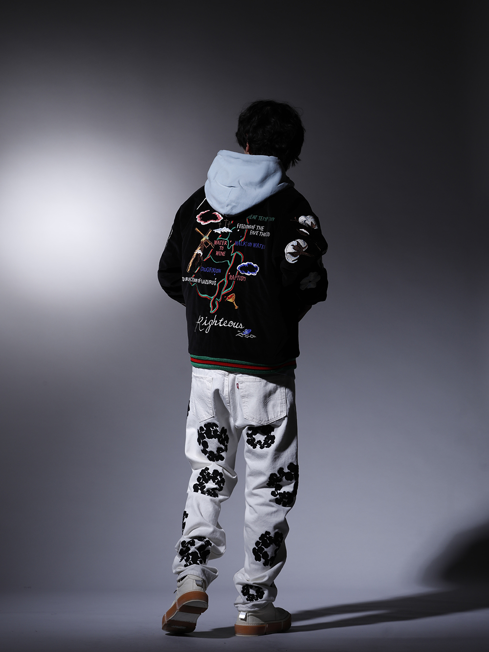 SAINT M×××××× / DENIM TEARS / GUIDI 2022-23AW - Reversible, 2-way style that creates two different atmospheres. - SM-S22-0000-059(DENIM TEARS × ©SAINT M×××××× SAINT TEARS Reversible Sukajyan) SM-A22-0000-022(HOLY RELICS FELT Hoodie) DT-S22-0000-012(COTTON WREATH Chainstitch Jean White - 501-500-30) GJ02-CO00T(Laced Up Boots - Horse Full Grain Leather - GJ02 CO00T) - 1-004