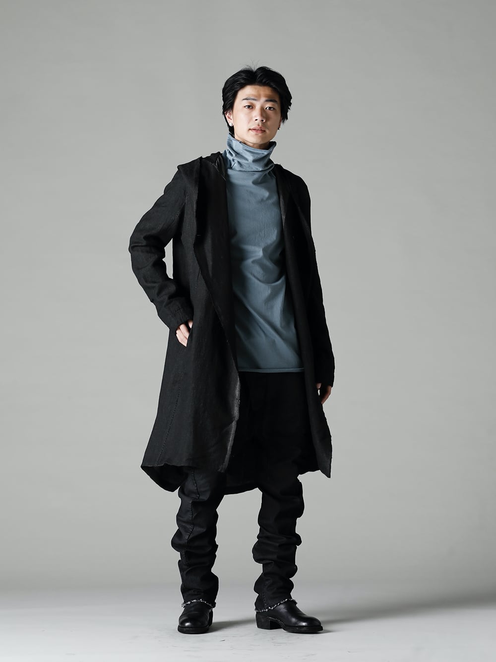 masnada 22-23AW Blue-gray creates an elegant and cool atmosphere -  M2920 Reversible Parka - TTC-swcm-Blue-Gray Cotton Bottleneck Blue.Gray - M2931 Baggy Jeans - 788Z_H Back Zip Boots Double Sole - Horse Full Grain Leather