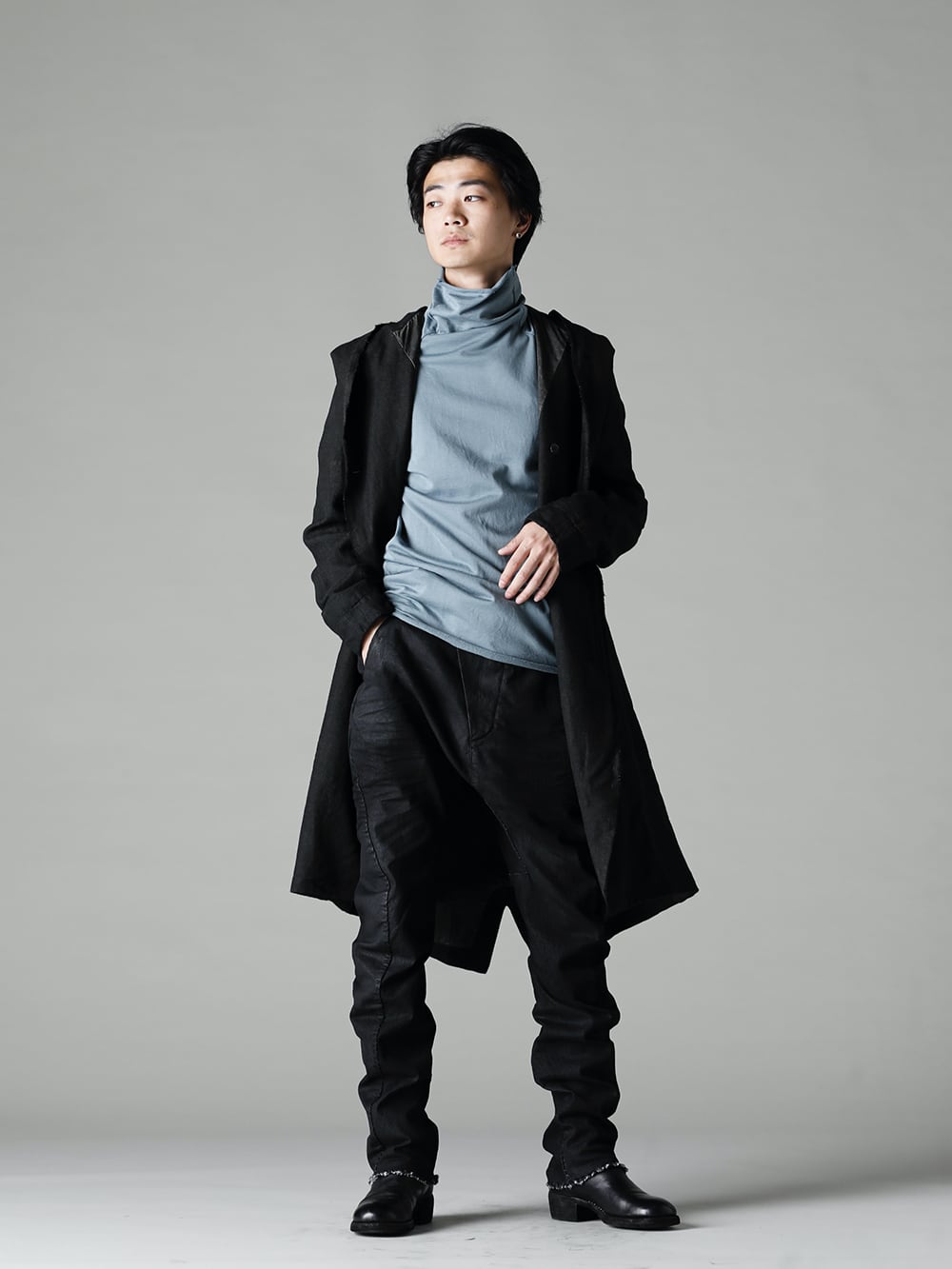 masnada 22-23AW Blue-gray creates an elegant and cool atmosphere  - M2920 Reversible Parka - TTC-swcm-Blue-Gray Cotton Bottleneck Blue.Gray - M2931 Baggy Jeans - 788Z_H Back Zip Boots Double Sole - Horse Full Grain Leather 2-001