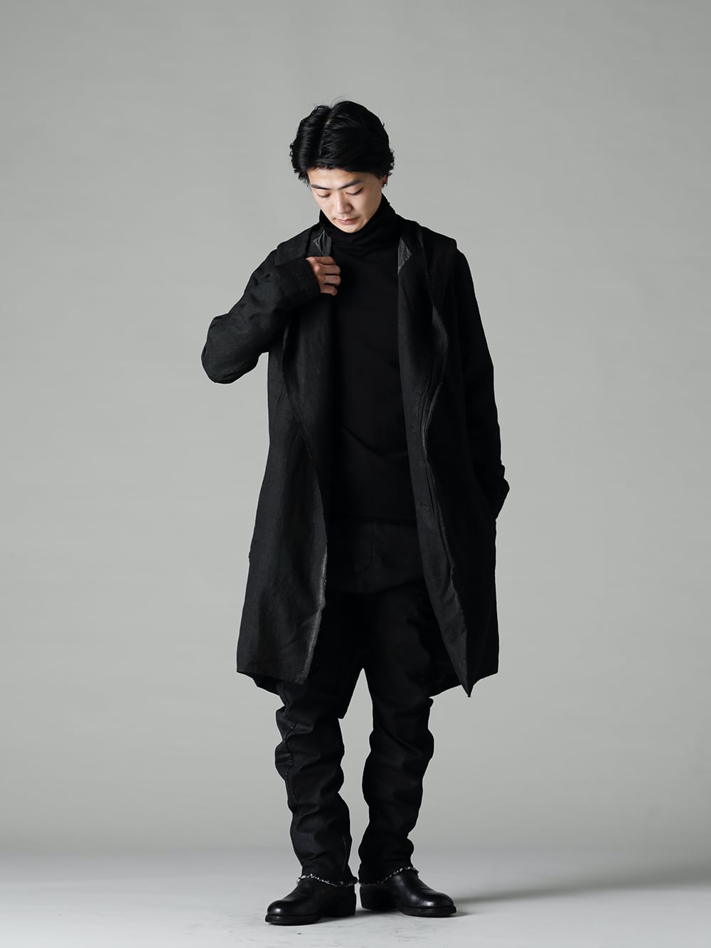 masnada 22-23AW All-black creates a stylish and urban atmosphere - M2920 Reversible Parka - TTC-swcm-blk Cotton Bottleneck Black - M2931 Baggy Jeans - 788Z_H Back Zip Boots Double Sole - Horse Full Grain Leather 3-001