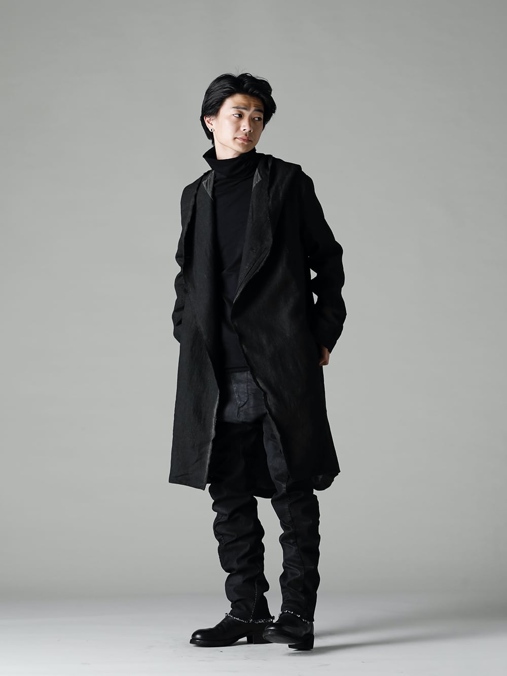 masnada 22-23AW All-black creates a stylish and urban atmosphere - M2920 Reversible Parka - TTC-swcm-blk Cotton Bottleneck Black - M2931 Baggy Jeans - 788Z_H Back Zip Boots Double Sole - Horse Full Grain Leather 3-002