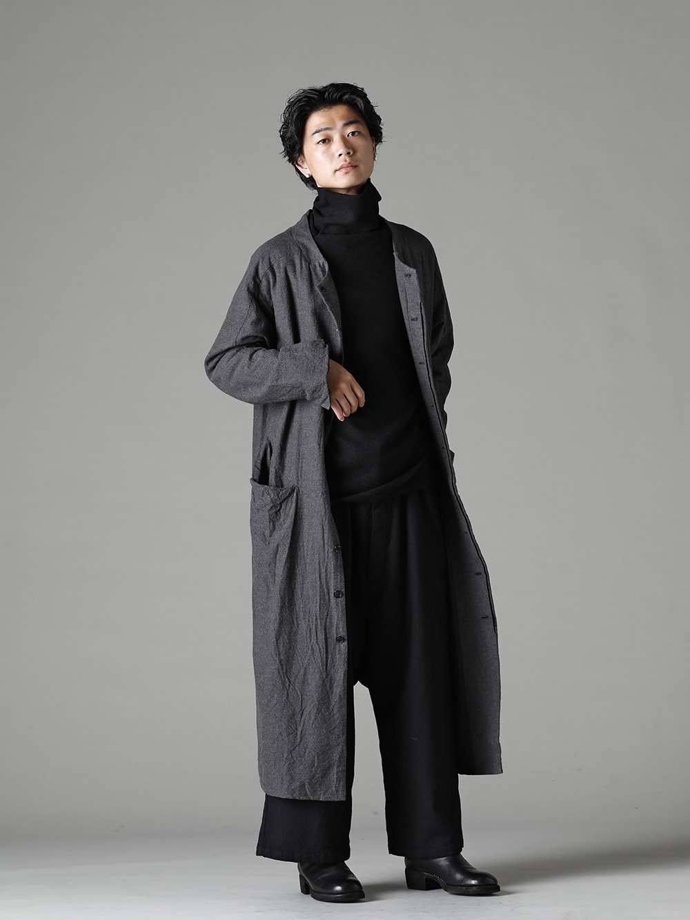 GARMENT REPRODUCTION OF WORKERS(ガーメント リプロダクション オブ ワーカース) 22-23AW(秋冬) バーガー コート ノン カラー ネル ブラック 3-001
