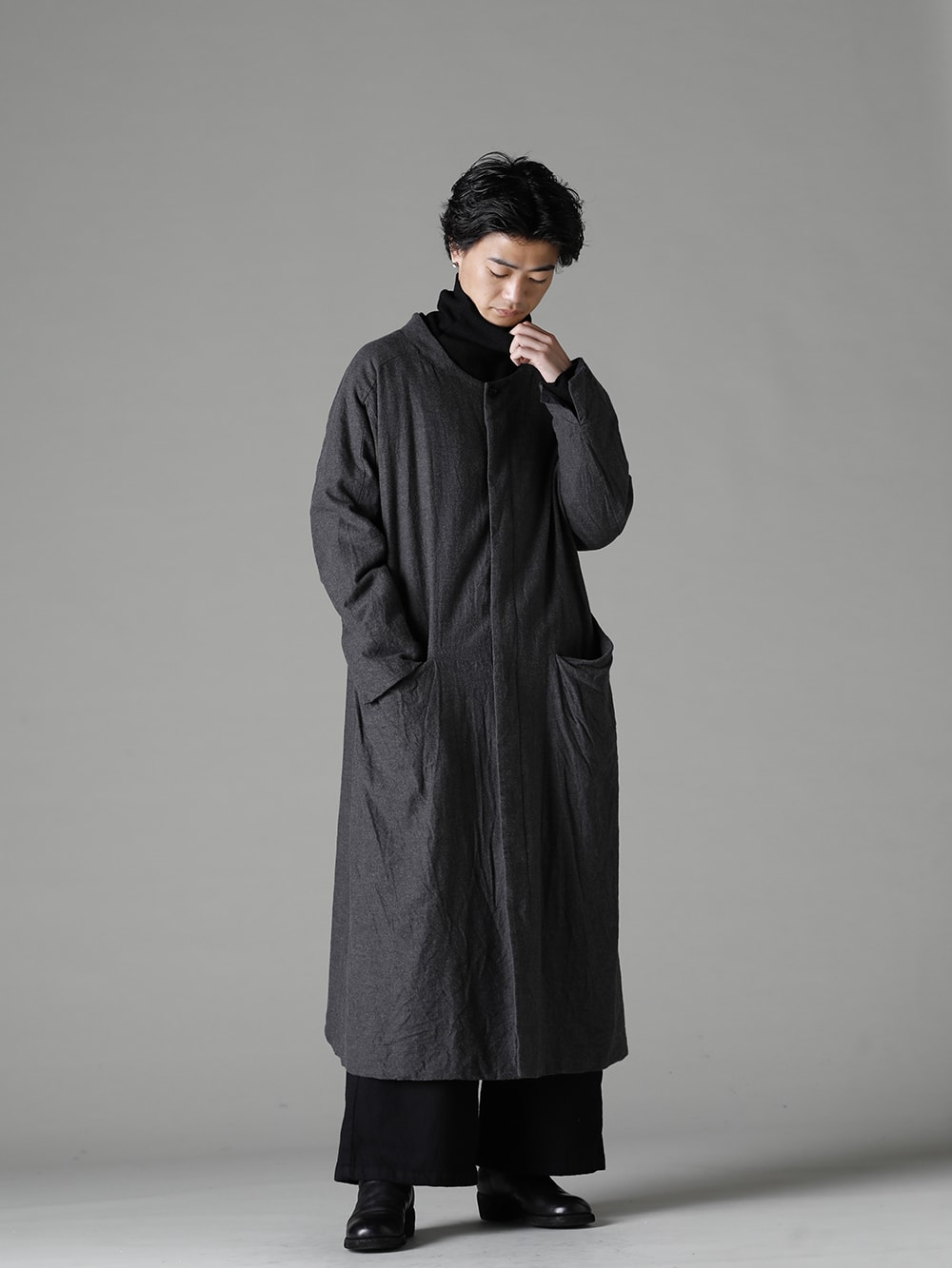 GARMENT REPRODUCTION OF WORKERS(ガーメント リプロダクション オブ ワーカース) 22-23AW(秋冬) バーガー コート ノン カラー ネル ブラック 3-002