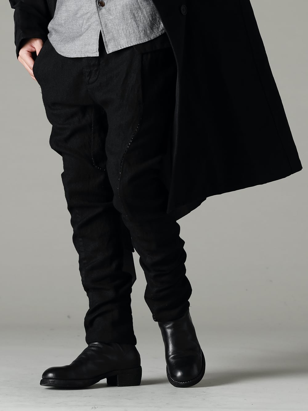 KLASICA(クラシカ) 22-23AW(秋冬) クラシックでありながら少しハードで男臭さもプラス - center-seam-shrit-Herringbone セルビッチ シャツ グレー ヘリンボーン - M2923 スリムパンツ - 788Z_H バックジップブーツ ダブルソール - ホース フルグレイン レザー 3-003