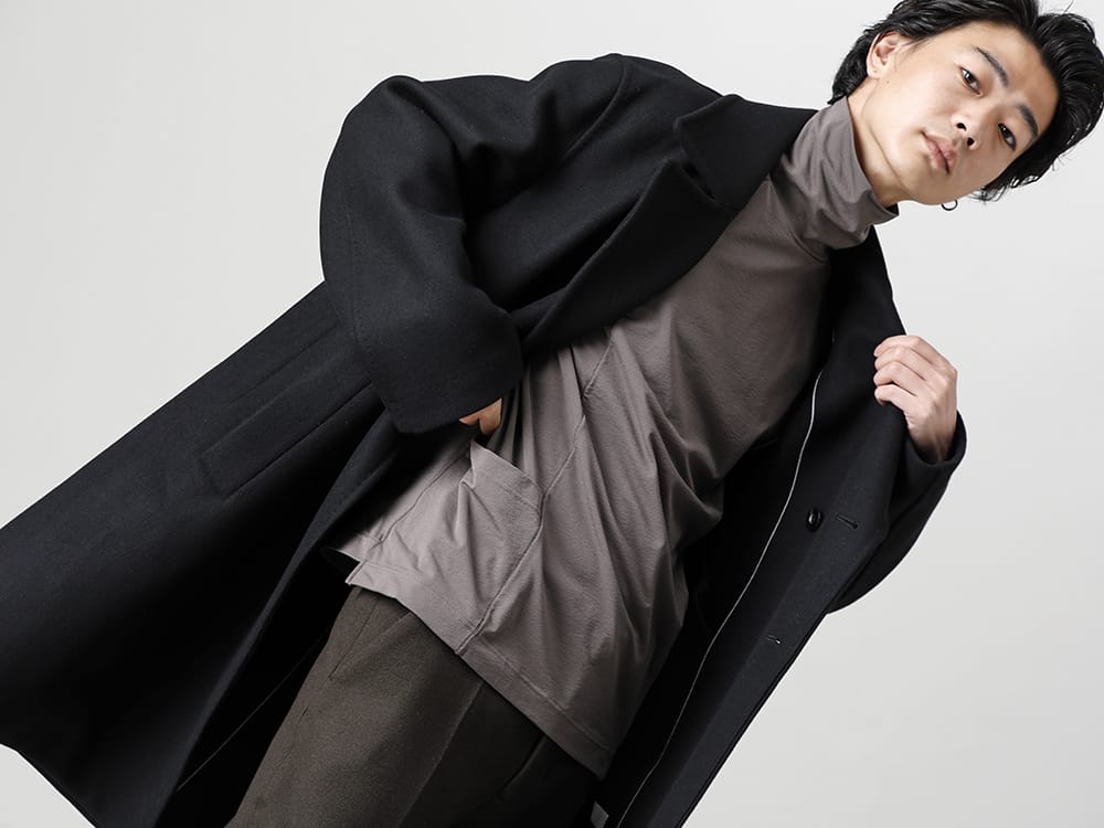 The Viridi-anne - ザヴィリジアン 22-23AW 見出し2  - VI-3542-01-Nylon Spandex Jersey Turtleneck L/S Brown Gray - IH-22FW-C011-MSD-Toggle Chester Coat - IH-22FW-P019-TA-No Tuck Straight Pants 2-004