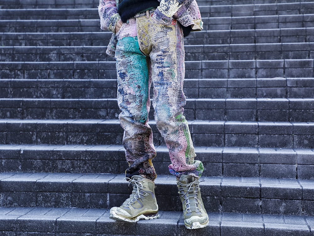 プロレタ リ アート / イレブン バイ ボリス ビジャン サベリ 2022-23AW - デニムジャケットとセットアップで着用可能なPROLETA RE ARTのデニムパンツ。 - UROBOROS-DENIM-JEANS-MULCH-30-22-23AW(BORO デニムパンツ ビーズ付き) BOOT2-GTX-WH-LR-ALL-WEHR-GRUN(BOOT2 GTX WH/LR/ALL WEHR GRÜN) - 4-001