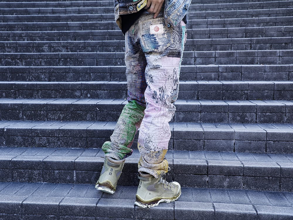 プロレタ リ アート / イレブン バイ ボリス ビジャン サベリ 2022-23AW - デニムジャケットとセットアップで着用可能なPROLETA RE ARTのデニムパンツ。 - UROBOROS-DENIM-JEANS-MULCH-30-22-23AW(BORO デニムパンツ ビーズ付き) BOOT2-GTX-WH-LR-ALL-WEHR-GRUN(BOOT2 GTX WH/LR/ALL WEHR GRÜN) - 4-002