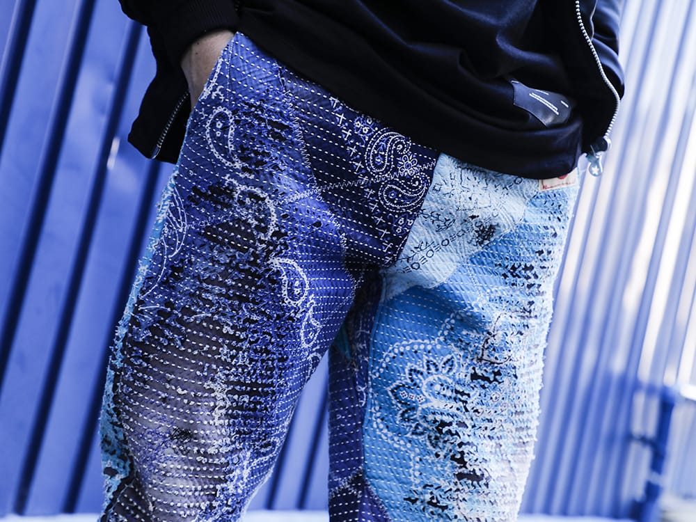 PROLETA RE ART 2022-23AW - Pants with impact and distincitve processing - UROBOROS-SWEAT-PANTS-IND-TURQ-M-21-22AW(UROBOROS SWEAT PANTS INDIGO × TURQUOISE) - 3-005