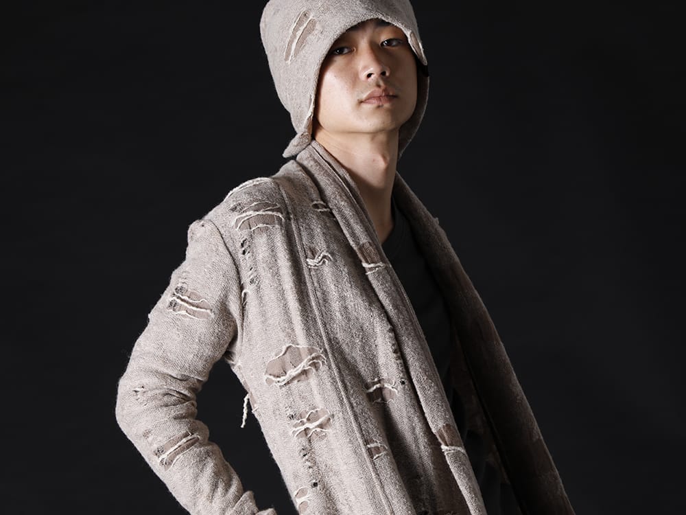 kiryuyrik 2022-23AW - Atmospheric fabric created by damage - KO-HT19-058-beige(Damage Jersey Shawl Cardigan Beige) KO-HCAP01-058-beige(Damage Jersey Cap Beige) - 2-005