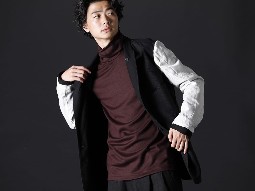 ヌード マサヒコマルヤマ / ガラアーベント 2022-23AW - ブラックでデザイン性ある表面と、異素材とブラック/ホワイトで切り替えた裏面 - NU-1651(リバーシブル オーバーサイズ ジャケット) 87320705-Bordeaux-22AW(2/48 ミルドウオッシャブル天竺 タートルネックプルオーバー ボルドー) - 2-008