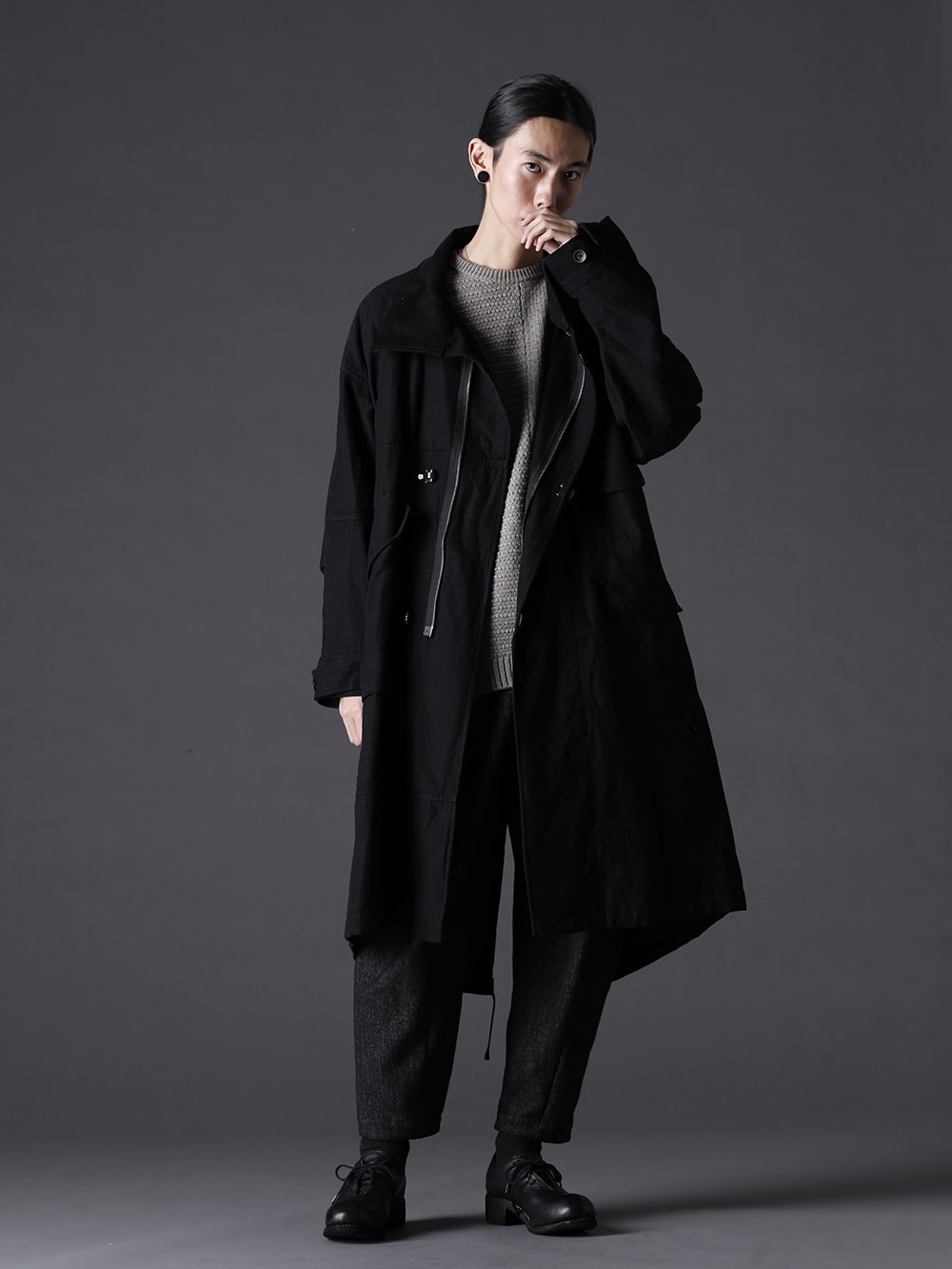  The Viridi-anne(ザ ヴィリジアン) 22-23AW(秋冬) VI-3510-06 ウール/リネン コート KTS-MLP-Melange-Gray プルオーバー ニット メリノ ウール メランジ グレー PTN-SHC クロップド パンツ シェットランド ウール / リネン PL10L-BLKT オーソピーディック ダービーシューズ ホース フルグレイン レザー - PL10L   4-001