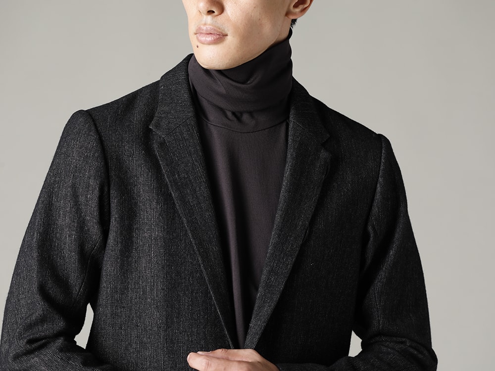 DEVOA(デヴォア) 22-23AW(秋冬)  クラシックな雰囲気を醸し出す王道のセットアップスタイル - JKK-WLH ジャケット シェットランド ウール / リネン CSC-K405F-Dark-Chocolate FASCINATE 別注 スーピマコットンジャージー ハイネックロングスリーブ Tシャツ ダーク チョコレート 1-003