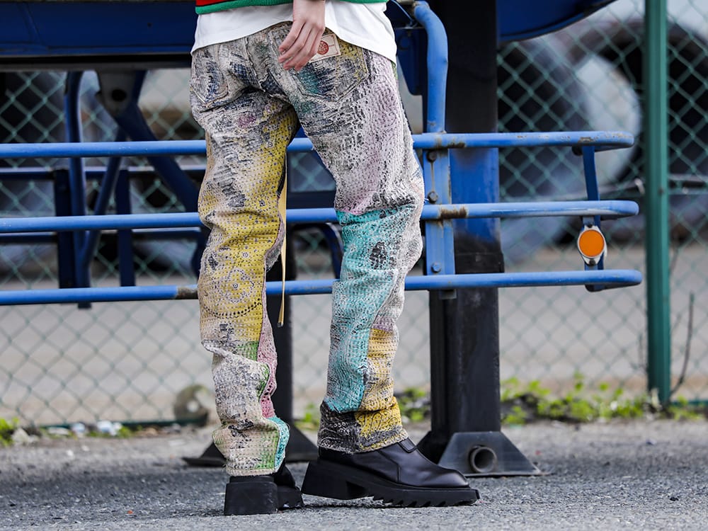 プロレタ リ アート / ユリウス 2022-23AW - 圧倒的な加工により作り出されたこだわりの1本 - UROBOROS-DENIM-JEANS-MULCH-32-22-23AW(BORO デニムパンツ ビーズ付き) 797FWM1(カウレザー サイド ジップアップ ブーツ) 807ACU1-Yellow(カウスキン/ナイロン タイプベルト イエロー) - 3-003