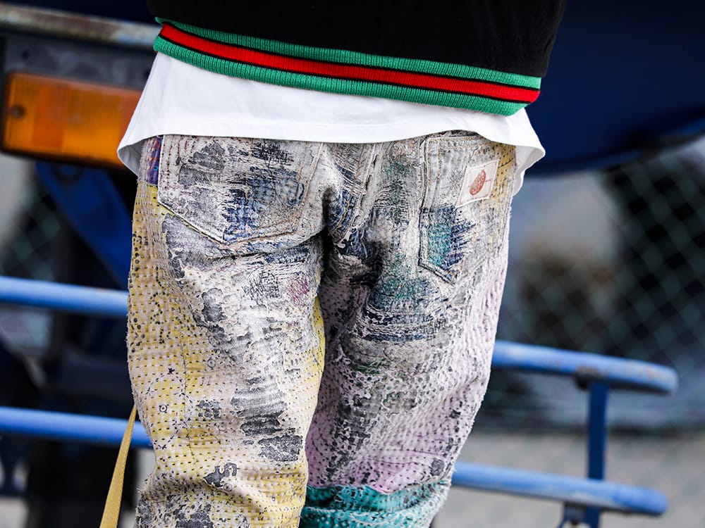 プロレタ リ アート 2022-23AW - 圧倒的な加工により作り出されたこだわりの1本 - UROBOROS-DENIM-JEANS-MULCH-32-22-23AW(BORO デニムパンツ ビーズ付き) - 3-007