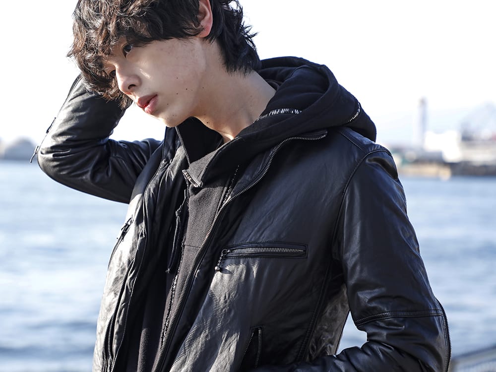 ザ ヴィリディアン / ディーハイゲン 2022-23AW - ブランドらしさを感じるディテールのオールインワン - VI-3504-06-Black(ゴートレザー ジャケット ブラック) ST107-0922A(ヘビーコットンジャージダブルジップフーデッド オールインワン) - 2-005