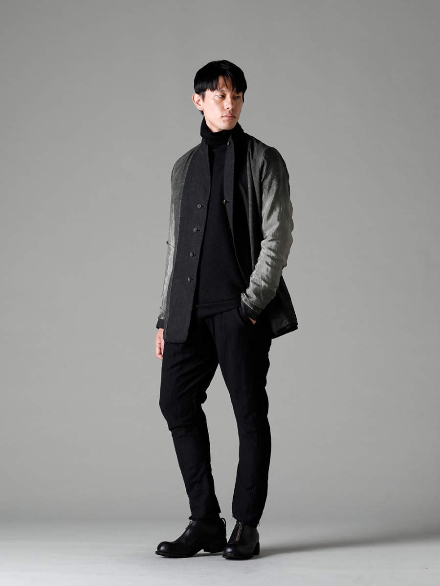 masnada 22-23AW The 4-B Peak Lapel Jacket with its expressive three-color gradient. - M2921 Reversible Jacket - TTW-wn Wool Bottle Neck Knit Black - M2913 Lined Baggy Pants - PL0FZ Orthopaedic Decollete Shoes Double Sole Horse Full Grain - PL0FZ 3-001
