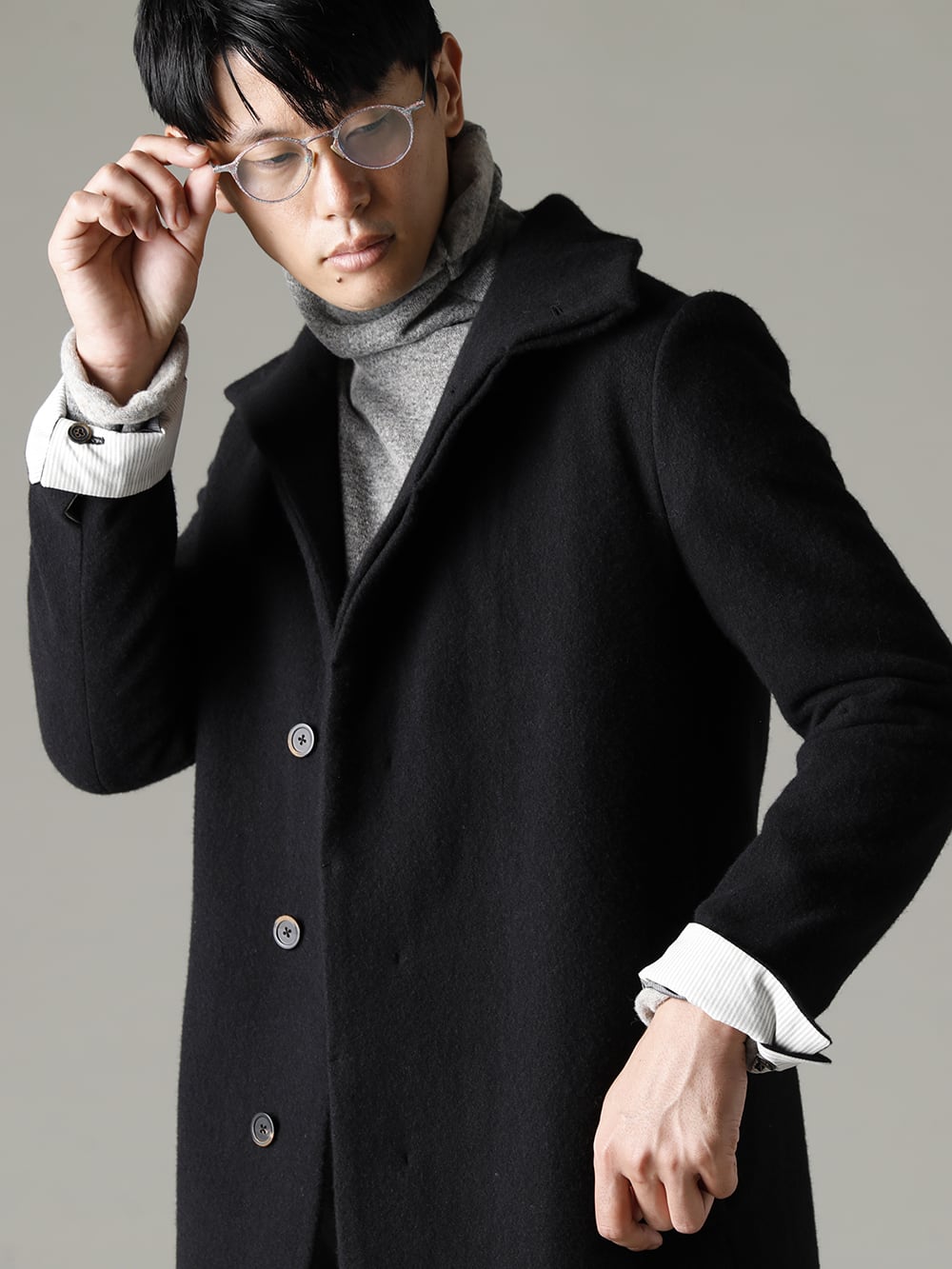 Forme D’expression 22-23AW Rare virgin wool keeps you warm all winter long  - UC028-GTTB Minimal SB Coat - TTC-wmpl-Grey-Beige Italy MAPEL Wool Knit Bottle Neck Grey - Beige 2-001