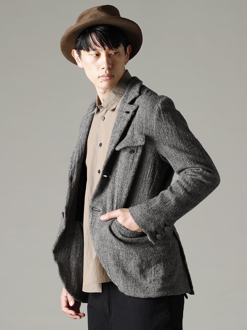 NOUSAN(ノウザン) 22-23AW(秋冬) ユニークさも持ち合わせた特殊な作り  - johann-c-wool セミピーク ラペル 2ボタン ジャケット - Shirt-a-Tamamushi 玉虫 シャツ - RH-MOS-005-Brown メランジ イージリーバーン ラビット ファー フェルト ハット MEL EB 2-001