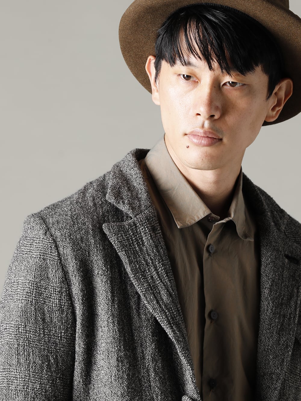 NOUSAN(ノウザン) 22-23AW(秋冬) ユニークさも持ち合わせた特殊な作り  - johann-c-wool セミピーク ラペル 2ボタン ジャケット - Shirt-a-Tamamushi 玉虫 シャツ - RH-MOS-005-Brown メランジ イージリーバーン ラビット ファー フェルト ハット MEL EB 2-003