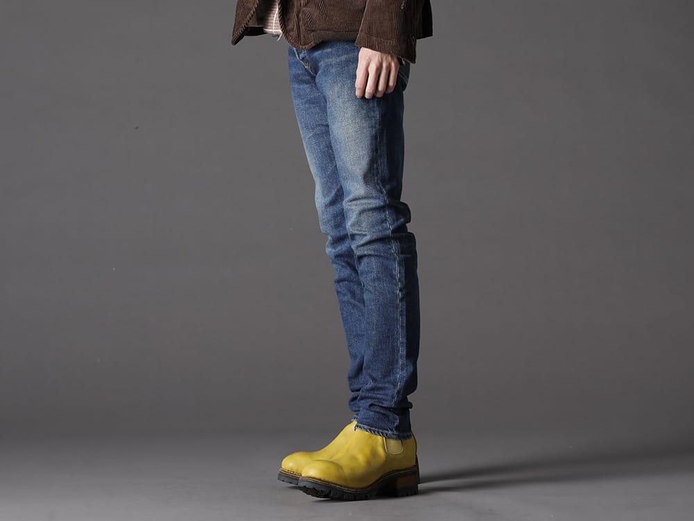 マインデニム / グイディ 2022-23AW - カジュアルの王道、デニムパンツとブーツでカジュアル感をプラスα - FPK107NUD-USD(スーパースリム ストレート 5ポケット USED加工 USD) PL06V-CO81T(サイドゴアアンクルブーツビブラムソール - ホース フルグレイン レザー CO81T) - 3-002