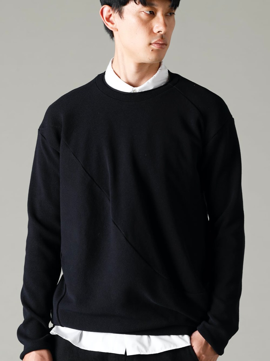 GARMENT REPRODUCTION OF WORKERS(ガーメント リプロダクション オブ ワーカース) 22-23AW(秋冬)  - フロントとバックに斜めにソーイング ニットソーは、ニット生地を縫製して仕立てた薄手のニットのようなアイテム - Quasimodo-Knit-Sew-Black カジモド ニット ソー ブラック - SH-035 シャツ トーマス メイソン