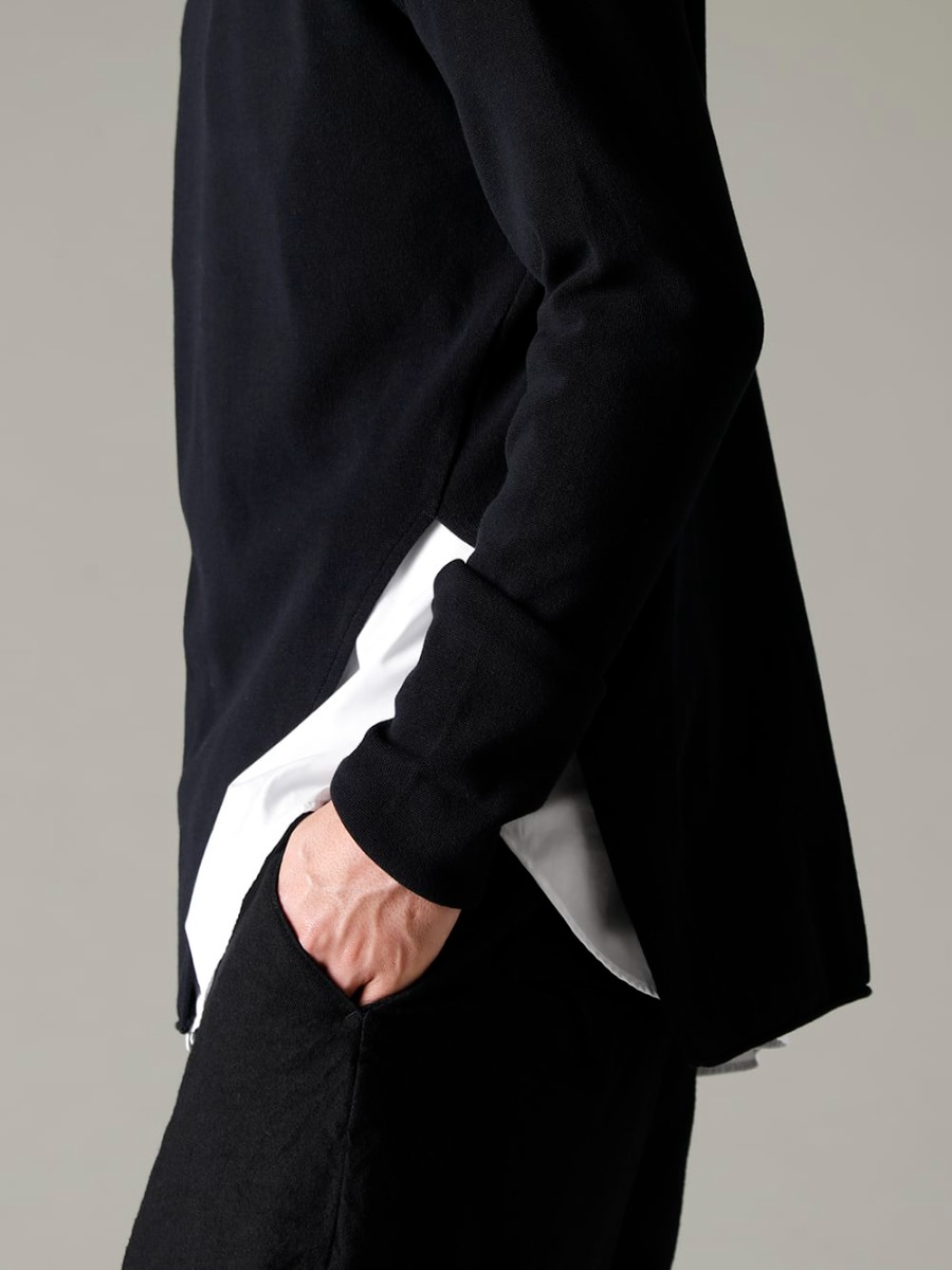 GARMENT REPRODUCTION OF WORKERS(ガーメント リプロダクション オブ ワーカース) 22-23AW(秋冬) ウィズシャツのレイヤードスタイルがお薦め  - New-Warped-Knit-Sew-Crew-Neck-Black ニュー ワープド ニット ソー クルー ネック ブラック - SH-035 シャツ トーマス メイソン 2-001