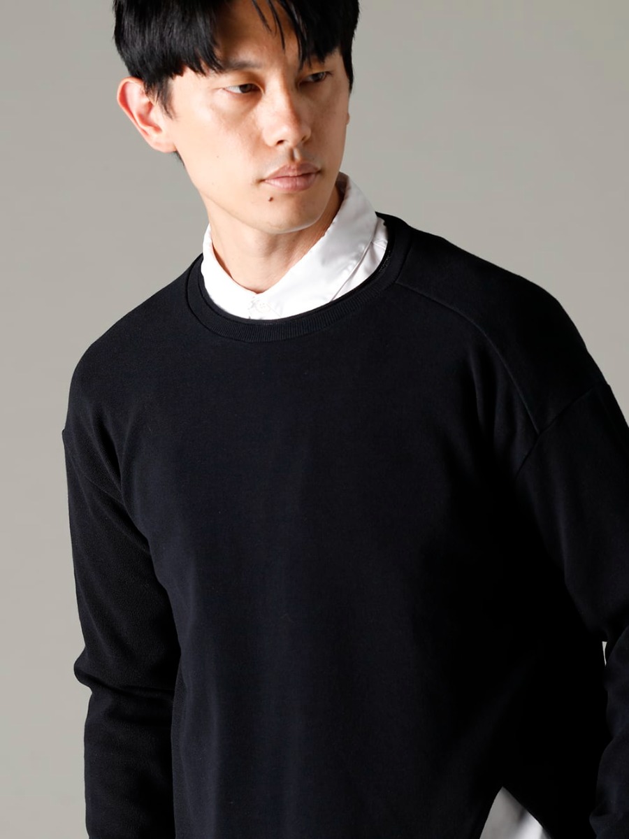 GARMENT REPRODUCTION OF WORKERS(ガーメント リプロダクション オブ ワーカース) 22-23AW(秋冬) ウィズシャツのレイヤードスタイルがお薦め  - New-Warped-Knit-Sew-Crew-Neck-Black ニュー ワープド ニット ソー クルー ネック ブラック - SH-035 シャツ トーマス メイソン 2-002