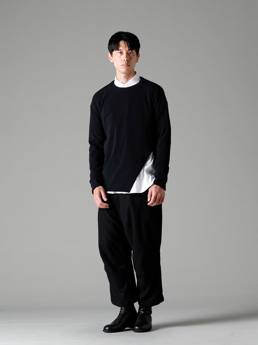 GARMENT REPRODUCTION OF WORKERS(ガーメント リプロダクション オブ ワーカース) 22-23AW(秋冬) ウィズシャツのレイヤードスタイルがお薦め  - New-Warped-Knit-Sew-Crew-Neck-Black ニュー ワープド ニット ソー クルー ネック ブラック - SH-035 シャツ トーマス メイソン - Arthur-Pants-Wool-Black アーサー パンツ ウール ブラック - 788Z_H バックジップブーツ ダブルソール - ホース フルグレイン レザー 2-004
