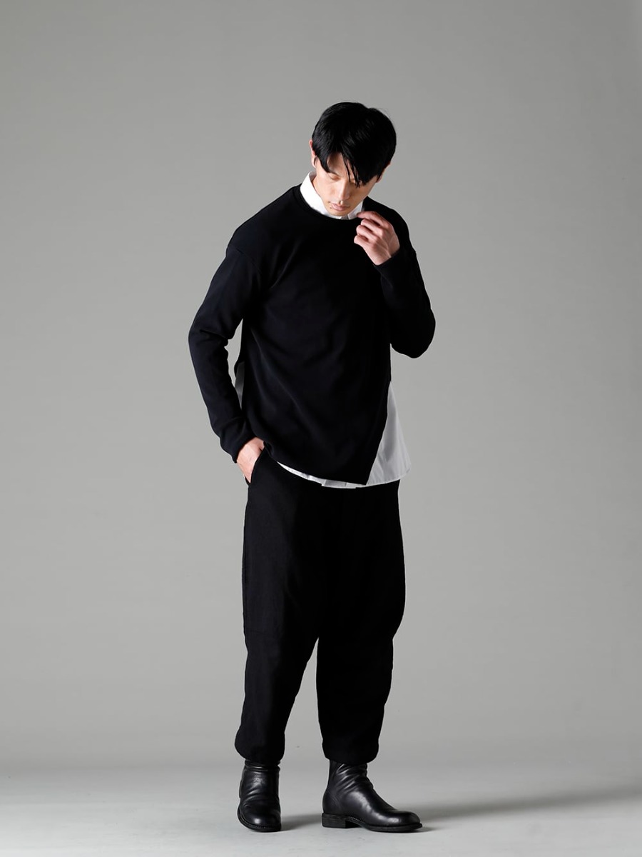 GARMENT REPRODUCTION OF WORKERS(ガーメント リプロダクション オブ ワーカース) 22-23AW(秋冬) ウィズシャツのレイヤードスタイルがお薦め  - New-Warped-Knit-Sew-Crew-Neck-Black ニュー ワープド ニット ソー クルー ネック ブラック - SH-035 シャツ トーマス メイソン - Arthur-Pants-Wool-Black アーサー パンツ ウール ブラック - 788Z_H バックジップブーツ ダブルソール - ホース フルグレイン レザー 2-005