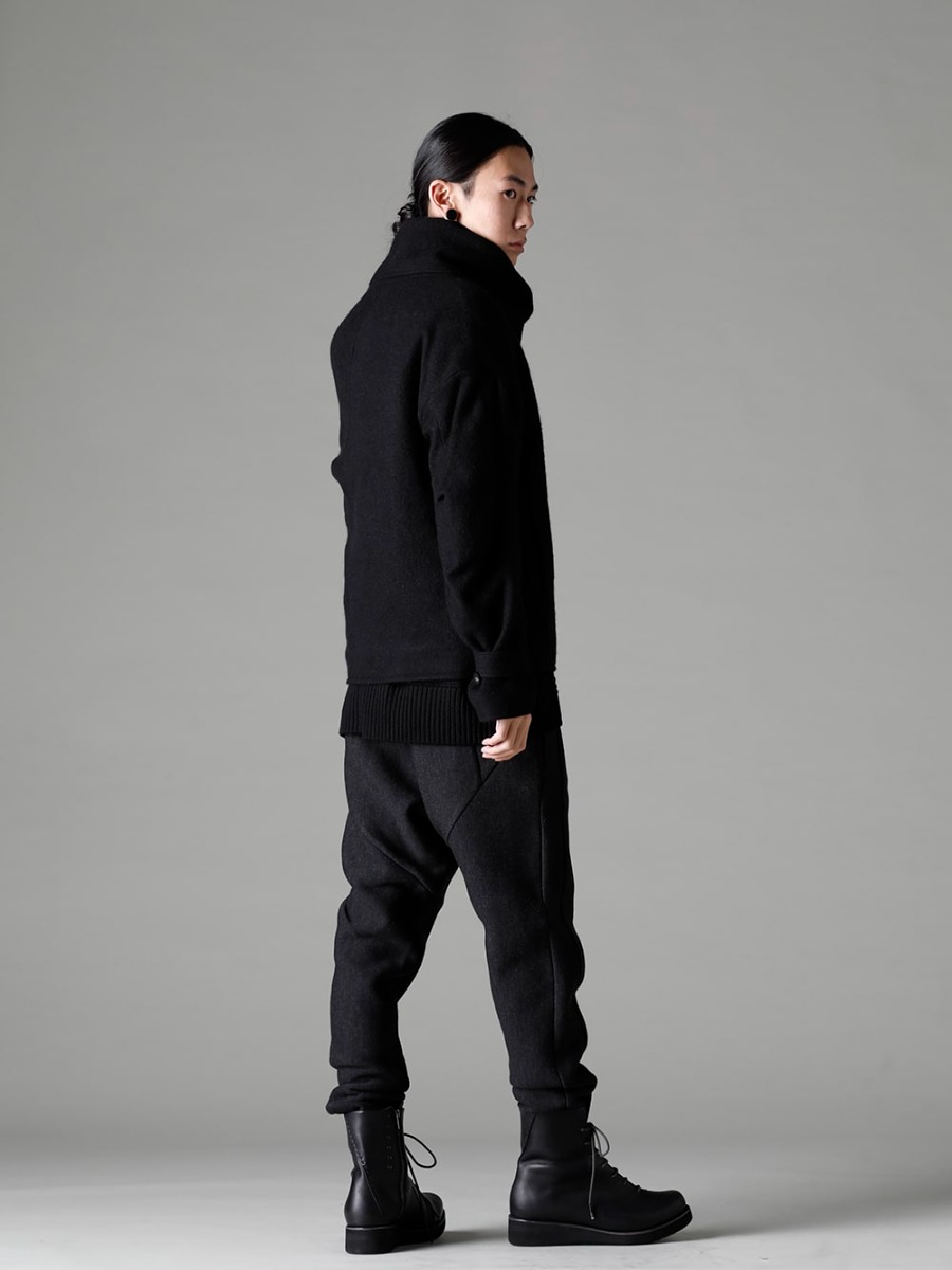 DEVOA 22-23AW Styling Relaxed silhouette balance adds a casual feel to items with a rugged image -  JKI-CGS High neck jacket brushed cashgora KTS-MLP-Black Pullover knit merino wool Black PTN-SRE SRY SRY easy pants wool super120’s / bamboo super120’s / バンブー FW-LMM Leather boots  1-001