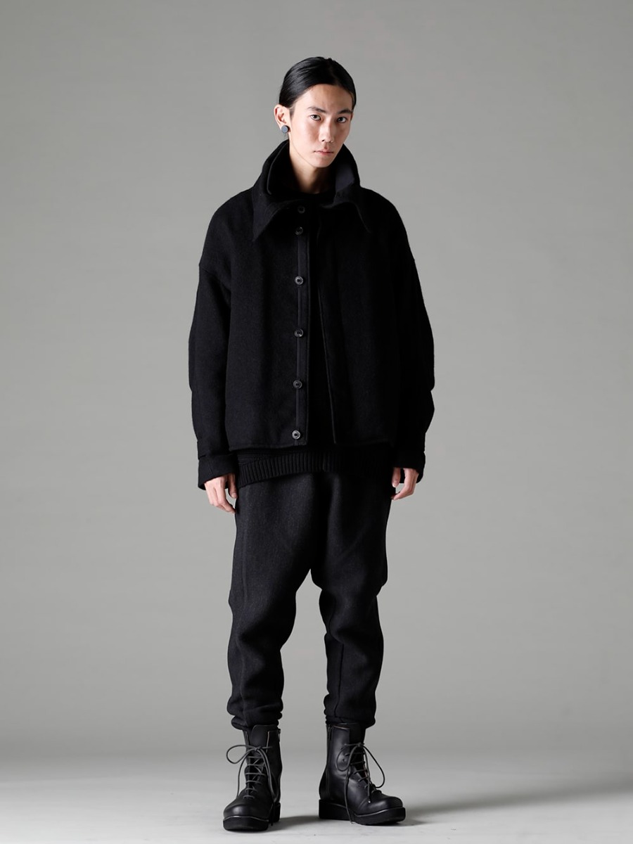 DEVOA 22-23AW Styling Relaxed silhouette balance adds a casual feel to items with a rugged image -  JKI-CGS High neck jacket brushed cashgora KTS-MLP-Black Pullover knit merino wool Black PTN-SRE SRY SRY easy pants wool super120’s / bamboo super120’s / バンブー FW-LMM Leather boots  1-003