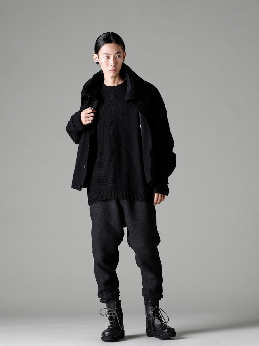 DEVOA 22-23AW JKI-CGS High neck jacket brushed cashgora KTS-MLP-Black Pullover knit merino wool Black PTN-SRE SRY SRY easy pants wool super120’s / bamboo super120’s / バンブー FW-LMM Leather boots  4-002