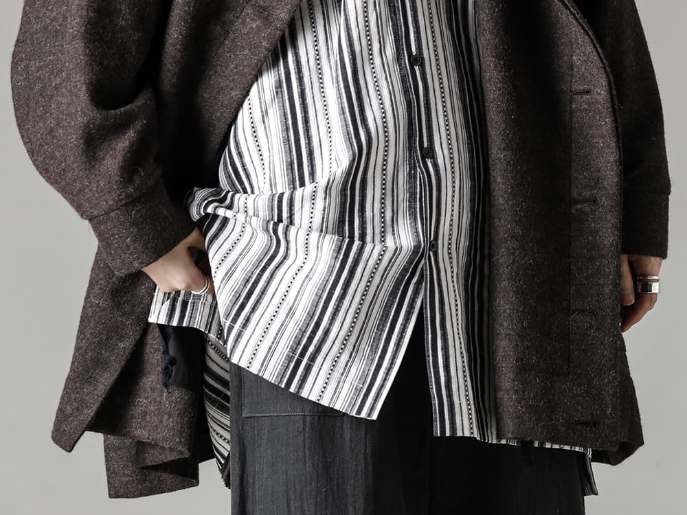 JAN JAN VAN ESSCHE 22-23AW Wide fit hooded coat representing this season's JJVE style  - PARKA#10-Natural-Brown-Parka #10 Natural Brown Vintage Wool Twill - SHIRT#91-Shirt #91 Cotton/Linen Contrast Stripe  2-003