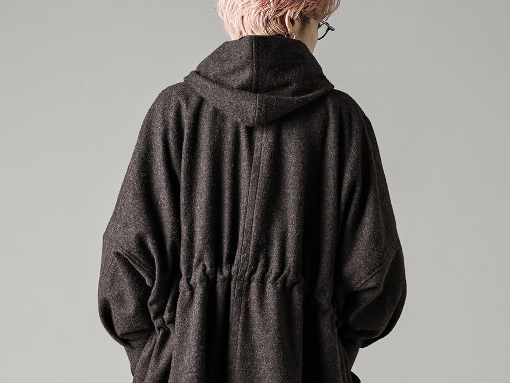 JAN JAN VAN ESSCHE 22-23AW Wide fit hooded coat representing this season's JJVE style  - PARKA#10-Natural-Brown-Parka #10 Natural Brown Vintage Wool Twill - SHIRT#91-Shirt #91 Cotton/Linen Contrast Stripe  2-005