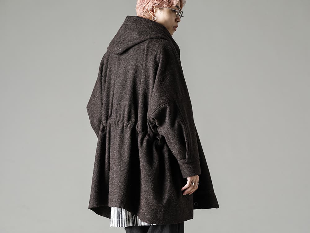 JAN JAN VAN ESSCHE 22-23AW Wide fit hooded coat representing this season's JJVE style  - PARKA#10-Natural-Brown-Parka #10 Natural Brown Vintage Wool Twill - SHIRT#91-Shirt #91 Cotton/Linen Contrast Stripe  2-006