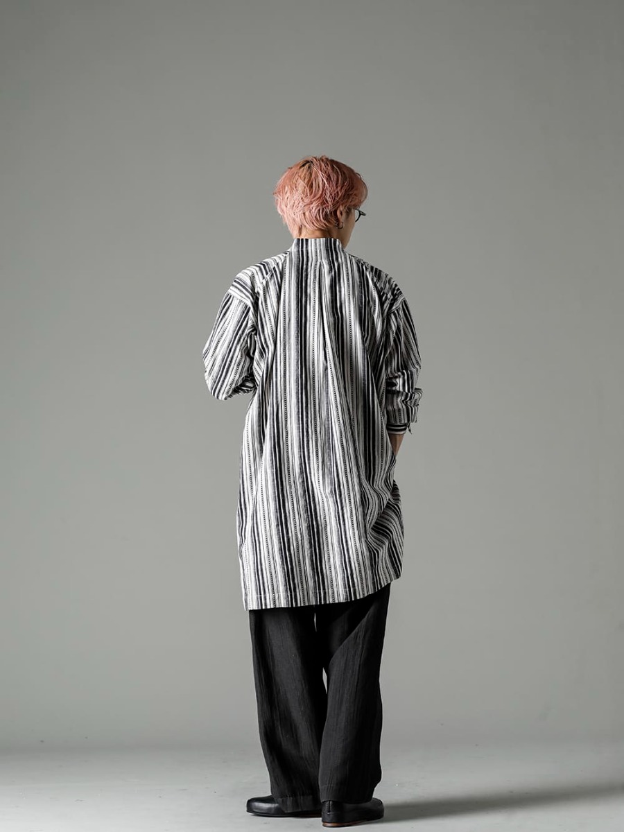 JAN JAN VAN ESSCHE 22-23AW A V-neck striped shirt with attractive year-round value - SHIRT#91-Shirt #91 Cotton/Linen Contrast Stripe - TROUSERS#67-Pants #67  sumi wool/linen twill - Handsewn-Slipper-Hand Thorn Slipper 3-003