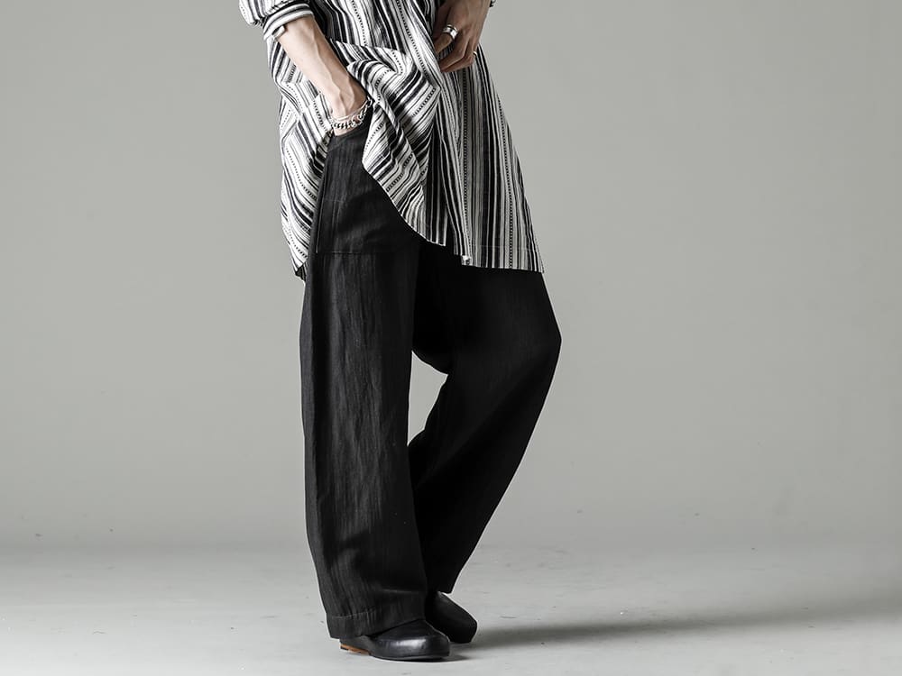 JAN JAN VAN ESSCHE 22-23AW A V-neck striped shirt with attractive year-round value - TROUSERS#67-Pants #67  sumi wool/linen twill - Handsewn-Slipper-Hand Thorn Slipper-3 3-004