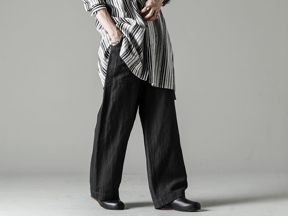 JAN JAN VAN ESSCHE 22-23AW A V-neck striped shirt with attractive year-round value - TROUSERS#67-Pants #67  sumi wool/linen twill - Handsewn-Slipper-Hand Thorn Slipper-3 3-005