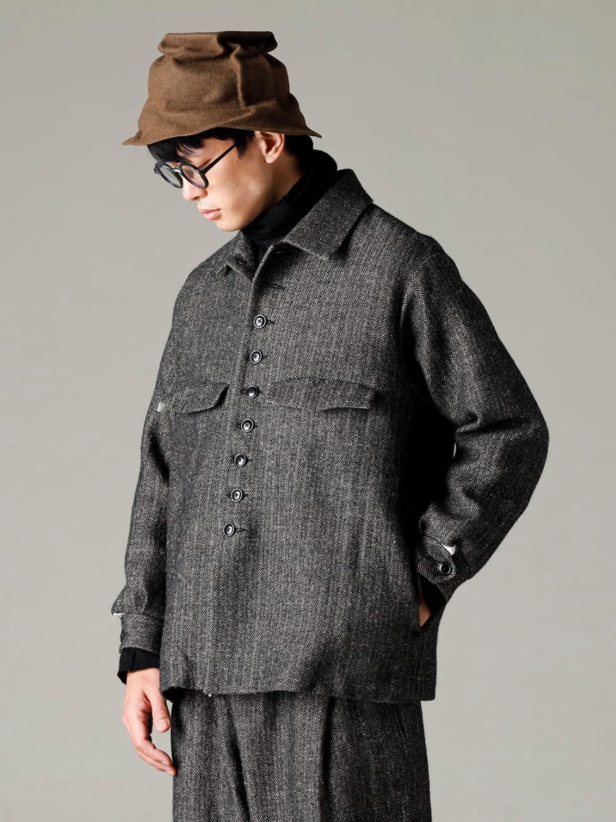 KLASICA(クラシカ) 22-23AW(秋冬) 生地の良さを活かすシンプルなデザイン  - 22C-41SHJ-MMD ラインド シャツ ジャケット - クラッシック ヘリング ボーン - TTW-wn ウール ボトルネックニット ブラック 2-001