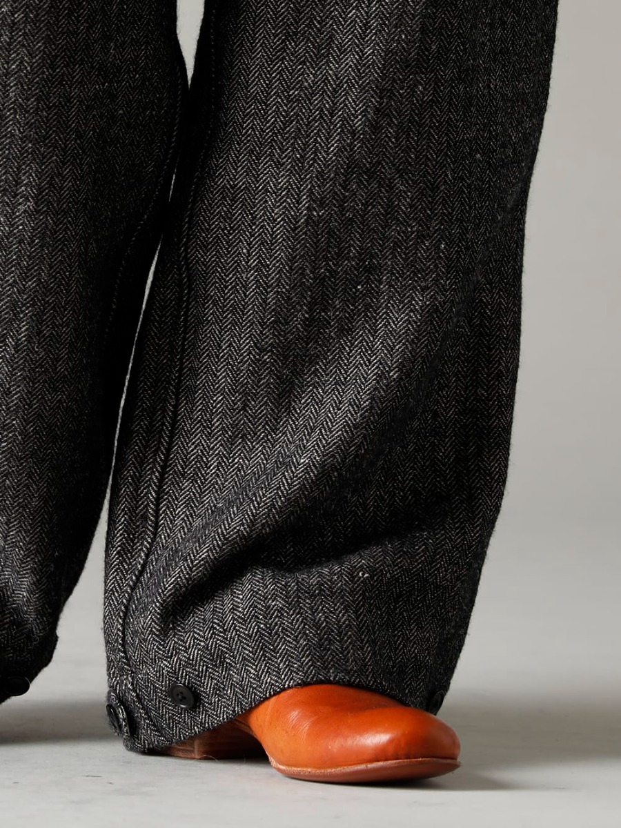 KLASICA(クラシカ) 22-23AW(秋冬) ノスタルジックな風合いを大事に - TTW-wn ウール ボトルネックニット ブラック - 22C-42TRS-GARNER ワイド ストリング トラウザー - クラッシック ヘリング ボーン - Derby-W-Hidden-Laces- Kangaroo-Natural W. ヒドゥン レース ダービーシューズ カンガルー ナチュラル 3-004