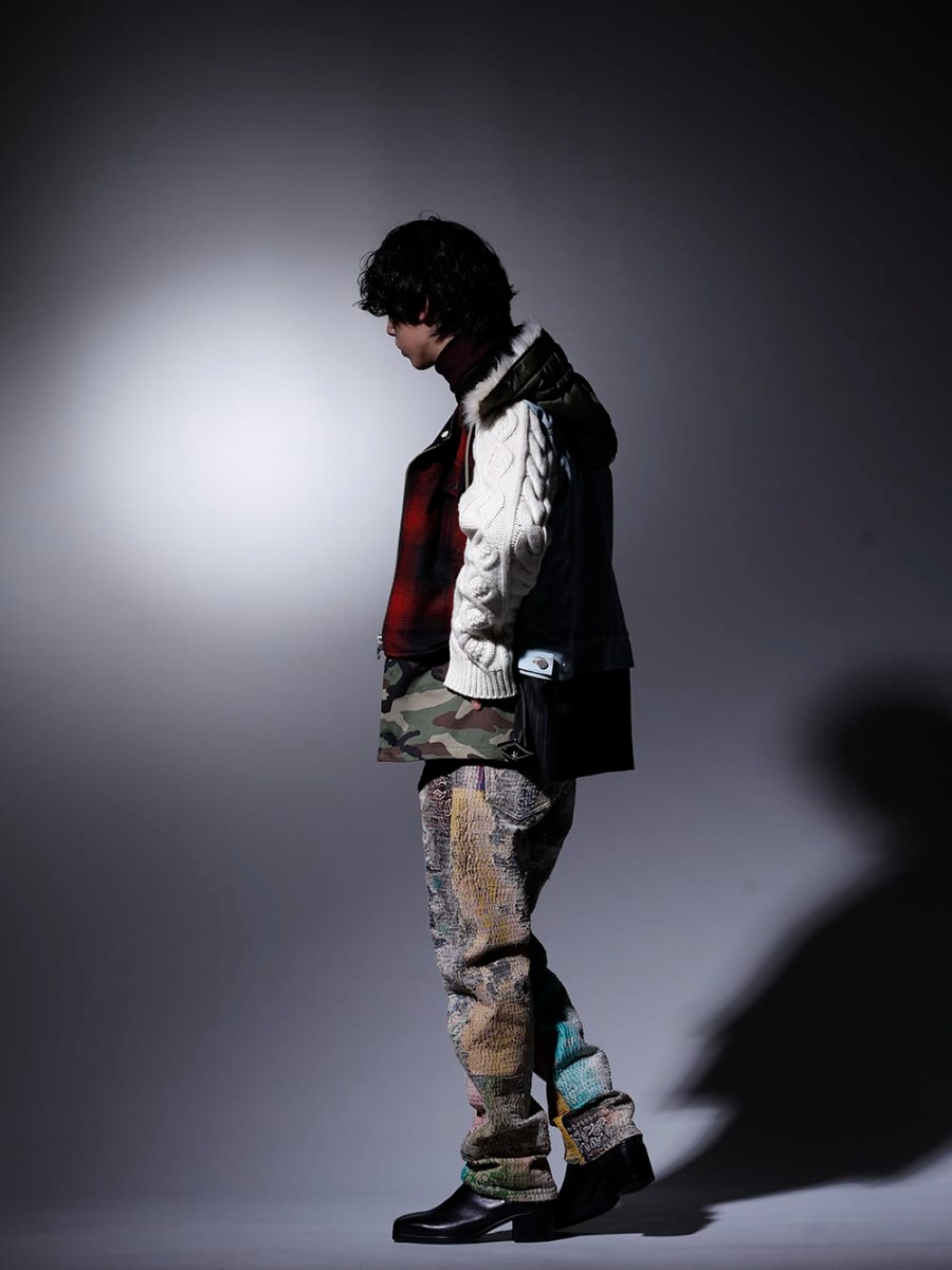 フェノメノン / ガラアーベント / プロレタ リ アート / クジャク / パーツ オブ フォー 2022-23AW - インパクトある作品を多用し、唯一無二な着こなしに - ILLJK22A-008(ミックスジャケット) 87320705-Bordeaux-22AW(2/48 ミルドウオッシャブル天竺 タートルネックプルオーバー ボルドー) R-198-MA+BAQ(Talisman necklace SPECIMEN Brandberg Amethyst Quartz) UROBOROS-DENIM-JEANS-MULCH-32-22-23AW(BORO デニムパンツ ビーズ付き) KJ-21AW38(キリ ブーツ) - 1-003